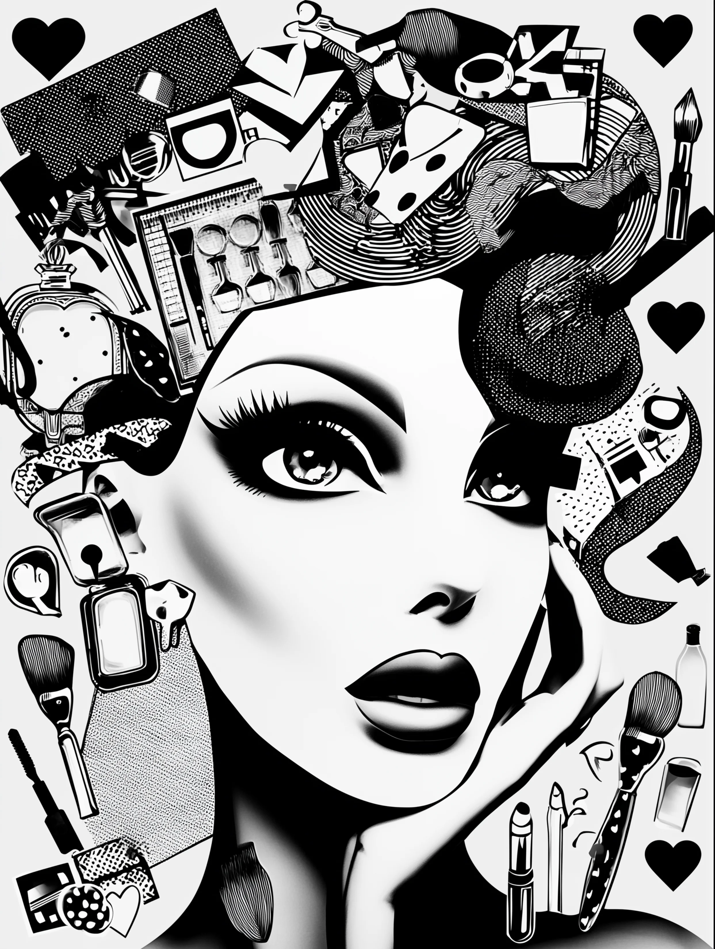 Free printable makeup coloring page for adults featuring a surprised woman wearing makeup